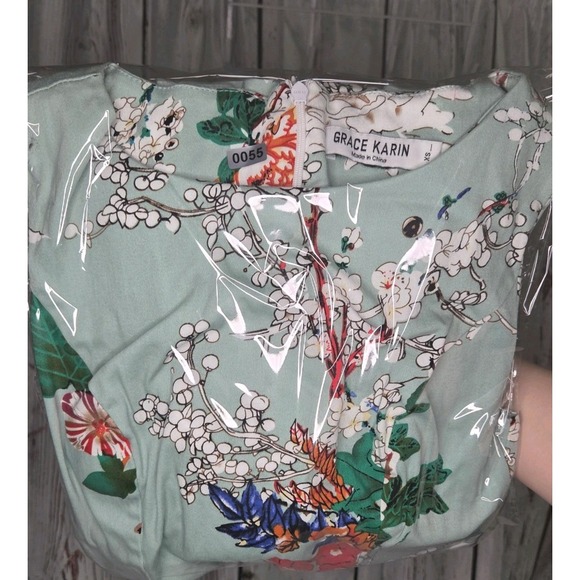 GRACE KARIN Boatneck Sleeveless Vintage Tea Dress, XS Green Floral, Balletcore - Picture 5 of 6